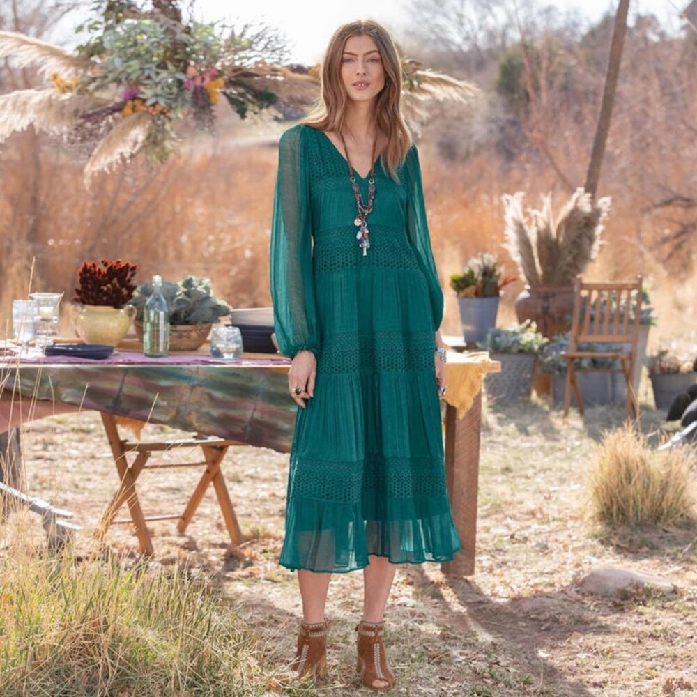Sundance Adore Moi Long Sleeve Midi Dress Medium Pacific Teal Tiered Sheer Boho